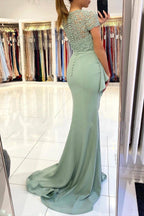 High neck Lace column Long Buttons Split Short sleeves Evening Dress