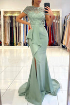 High neck Lace column Long Buttons Split Short sleeves Evening Dress