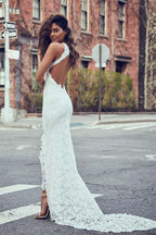 High Neckline Lace Backless Mermaid Wedding Dresses With Court Train
