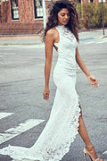 High Neckline Lace Backless Mermaid Wedding Dresses With Court Train