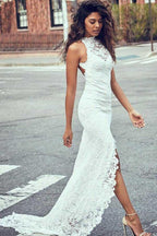 High Neckline Lace Backless Mermaid Wedding Dresses With Court Train