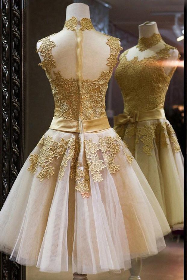 Tulle God Lace Vintage High Quality High Neck Bowknot Homecoming Dresses