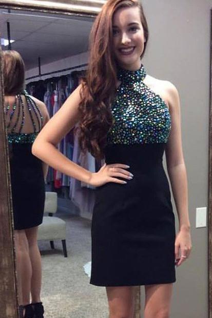 Little Black Rhinestone Beaded Bodice Homecoming Dresses, Dresses For Girls