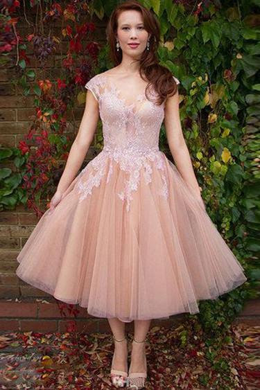 Pink A-line Cap Sleeves Short Prom Dresses, Lace Homecoming Dresses on Line