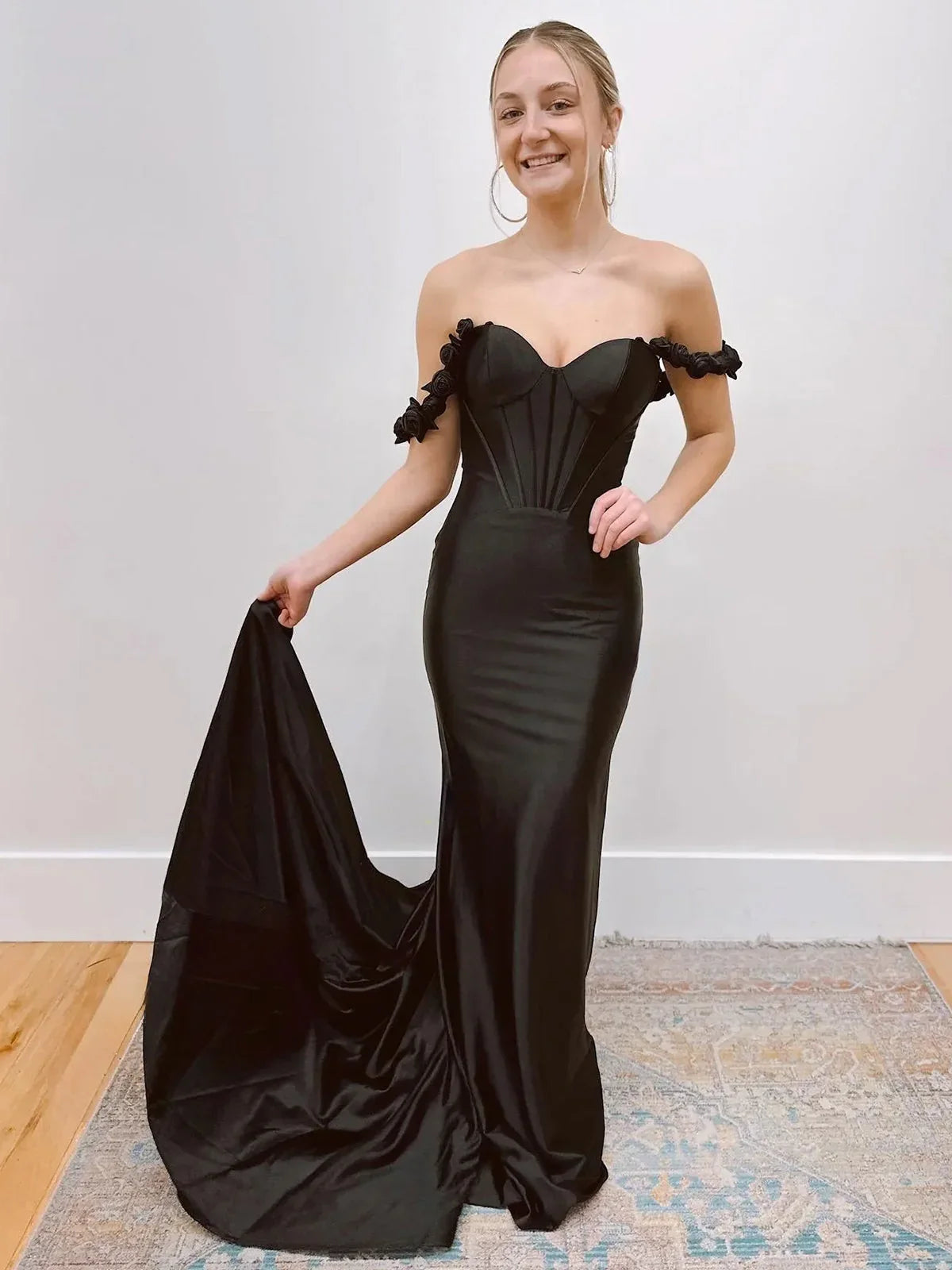 Persephone | Hot Pink Floral Straps Mermaid Satin Long Prom Dress