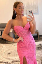 Mermaid Strapless Corset Lace Prom Dress with Slit