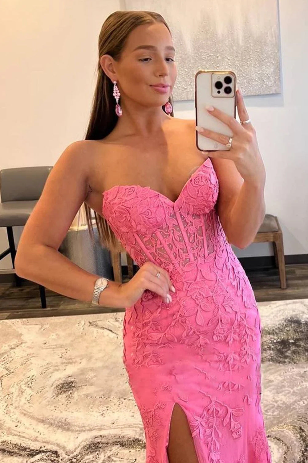 Mermaid Strapless Corset Lace Prom Dress with Slit