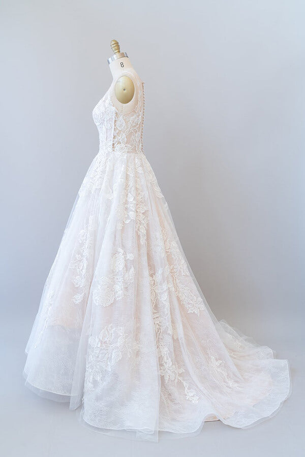 Illusion Appliques Tulle A-line Wedding Dress