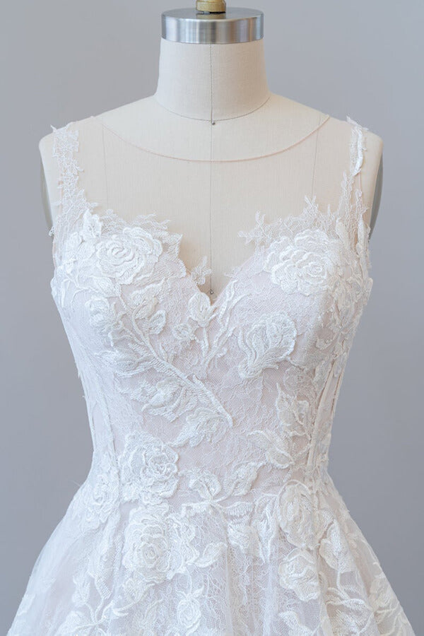 Illusion Appliques Tulle A-line Wedding Dress