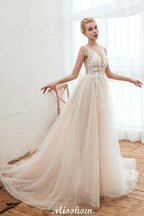 Illusion Neck Champagne Wedding Dress Sleeveless Summer Bridal Gown
