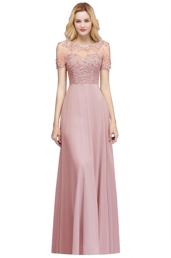 Illusion Neckline Long Appliques Chiffon Prom Dresses