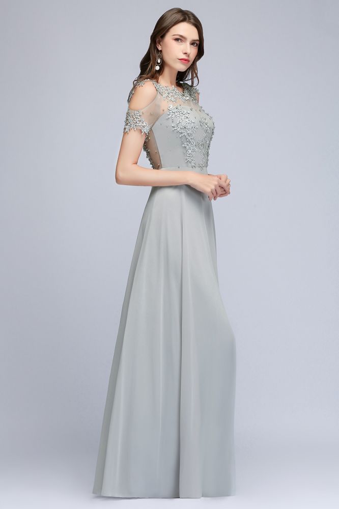 Illusion Neckline Long Appliques Chiffon Prom Dresses