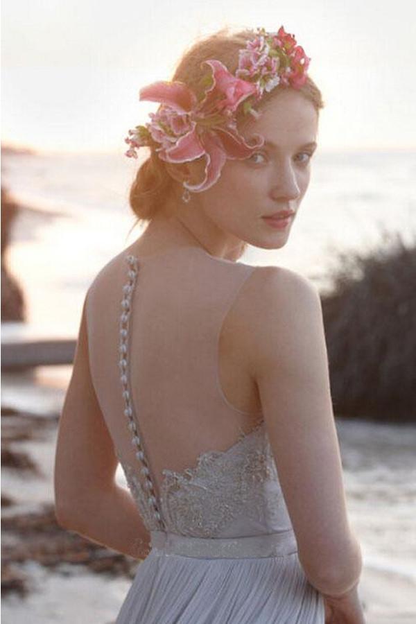 Illusion Neckline Sheer Back Beach Lace Chiffon Wedding Dress