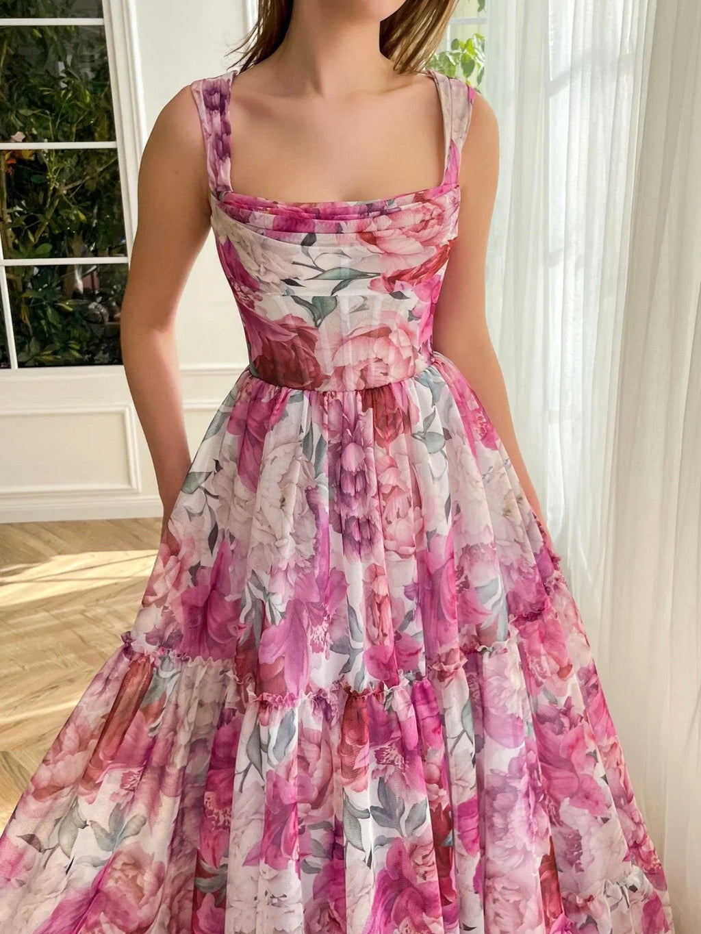 A Line Floral Pink Long Prom Dress