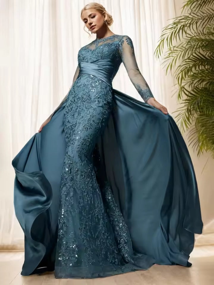 Lace Appliqué Satin Mermaid Evening Gown | Sheer Long-Sleeve Formal Dress with Overskirt