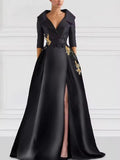 Tuxedo Collar Satin Evening Gown | Half-Sleeve High-Slit Formal Dress with Appliqué