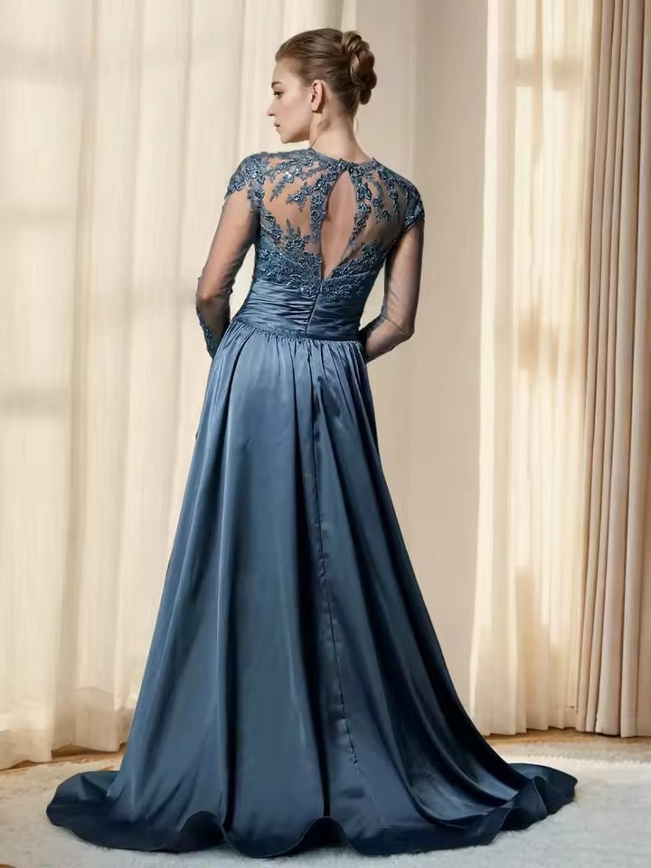 Lace Appliqué Satin Mermaid Evening Gown | Sheer Long-Sleeve Formal Dress with Overskirt