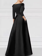Tuxedo Collar Satin Evening Gown | Half-Sleeve High-Slit Formal Dress with Appliqué