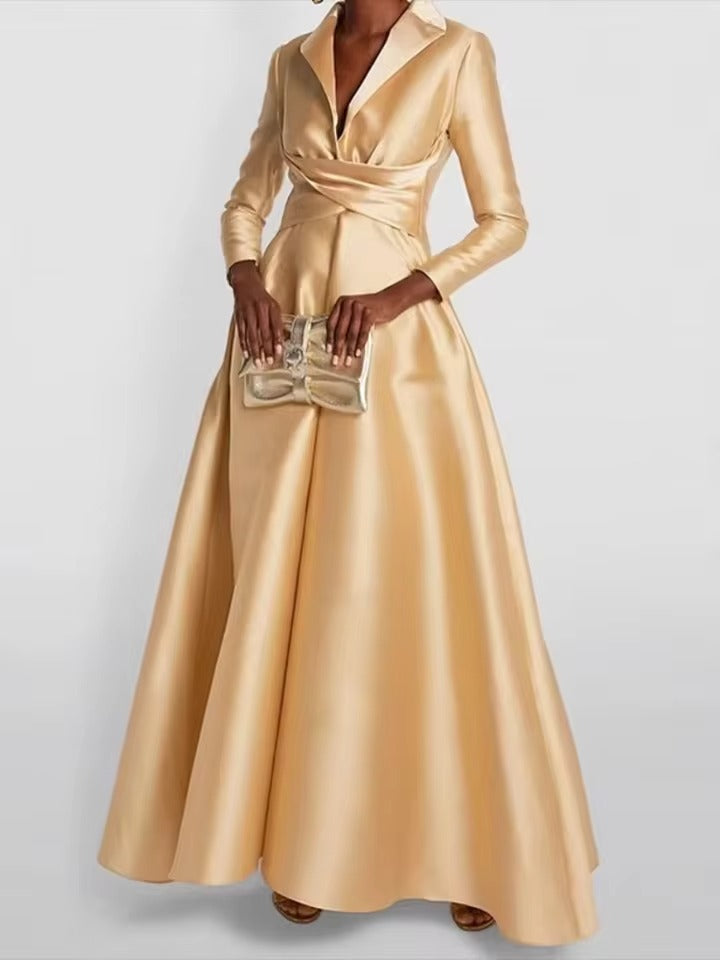 Tuxedo Collar Satin Ball Gown | Long-Sleeve Formal Maxi Dress with Ruched Bodice