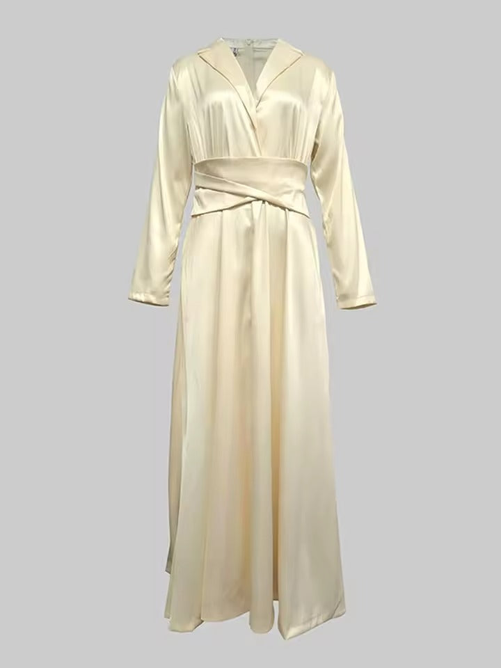Tuxedo Collar Satin Ball Gown | Long-Sleeve Formal Maxi Dress with Ruched Bodice