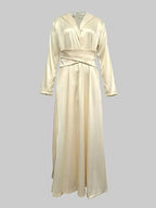 Tuxedo Collar Satin Ball Gown | Long-Sleeve Formal Maxi Dress with Ruched Bodice