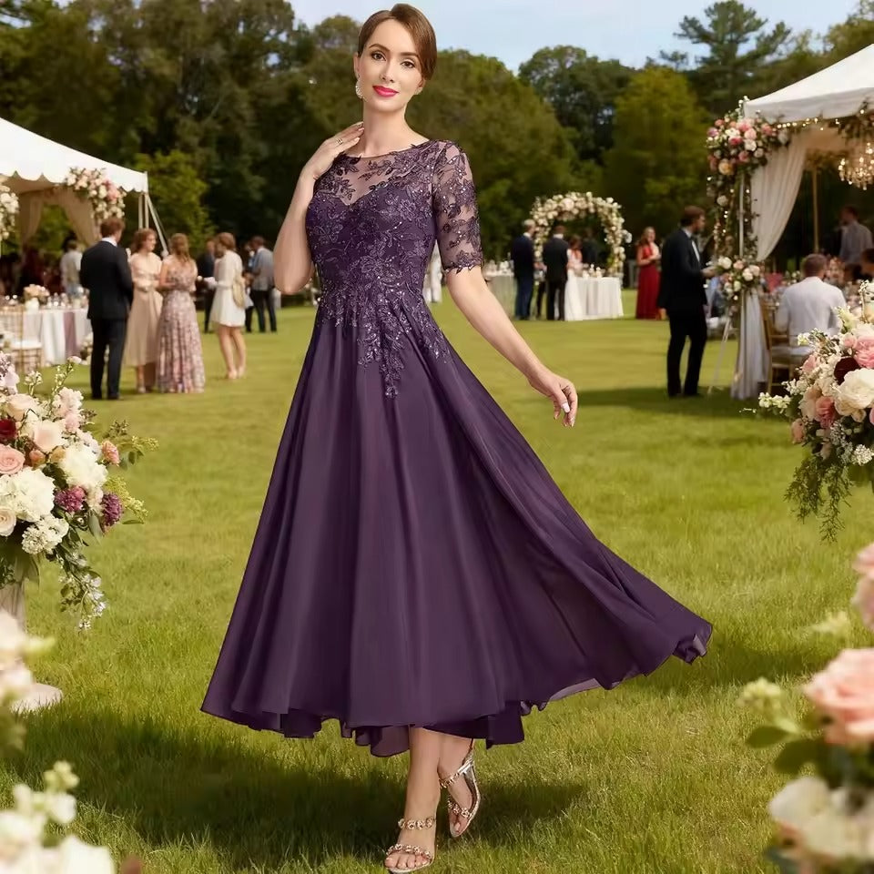 Lace Appliqué Chiffon Tea-Length Evening Gown | Half-Sleeve Mother of the Bride Dress