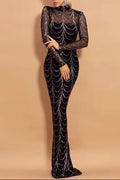 High Neck Mesh Long-Sleeve Rhinestone Mermaid Evening Dress | Web Pattern Gown