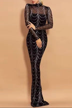 High Neck Mesh Long-Sleeve Rhinestone Mermaid Evening Dress | Web Pattern Gown