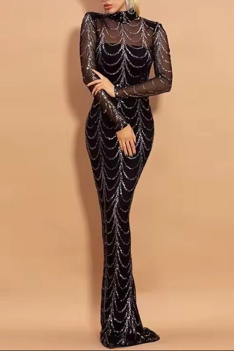 High Neck Mesh Long-Sleeve Rhinestone Mermaid Evening Dress | Web Pattern Gown
