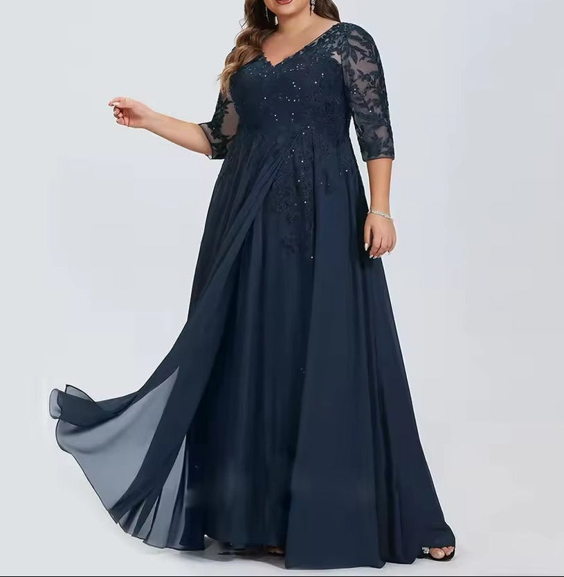 Plus Size Lace Appliqué Chiffon Evening Gown | Half-Sleeve V-Neck Formal Dress