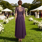 Lace Appliqué Chiffon Tea-Length Evening Gown | Half-Sleeve Mother of the Bride Dress
