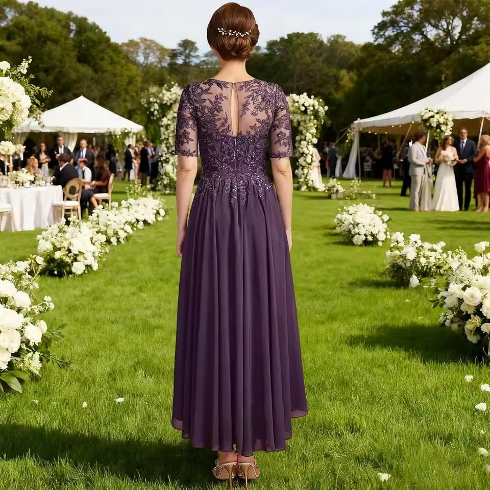 Lace Appliqué Chiffon Tea-Length Evening Gown | Half-Sleeve Mother of the Bride Dress