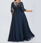 Plus Size Lace Appliqué Chiffon Evening Gown | Half-Sleeve V-Neck Formal Dress