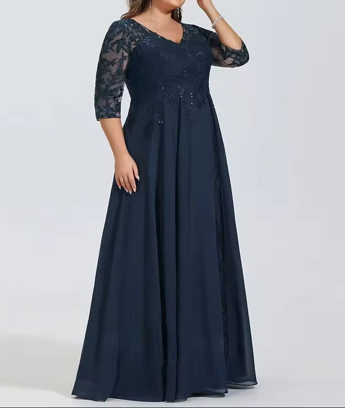 Plus Size Lace Appliqué Chiffon Evening Gown | Half-Sleeve V-Neck Formal Dress