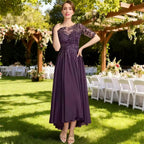 Lace Appliqué Chiffon Tea-Length Evening Gown | Half-Sleeve Mother of the Bride Dress