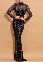 High Neck Mesh Long-Sleeve Rhinestone Mermaid Evening Dress | Web Pattern Gown