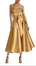 Lace Appliqué Satin Midi Dress | Half-Sleeve Formal Gown with Statement Bow