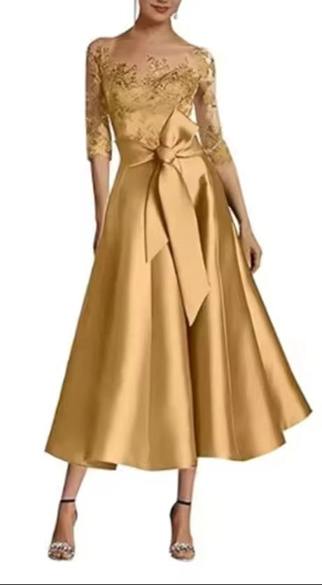 Lace Appliqué Satin Midi Dress | Half-Sleeve Formal Gown with Statement Bow