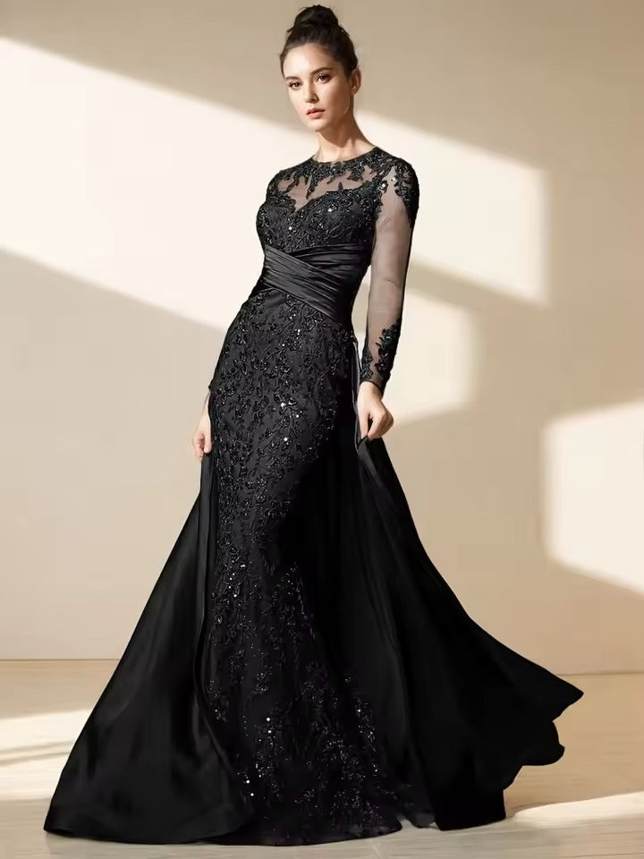 Lace Appliqué Satin Mermaid Evening Gown | Sheer Long-Sleeve Formal Dress with Overskirt