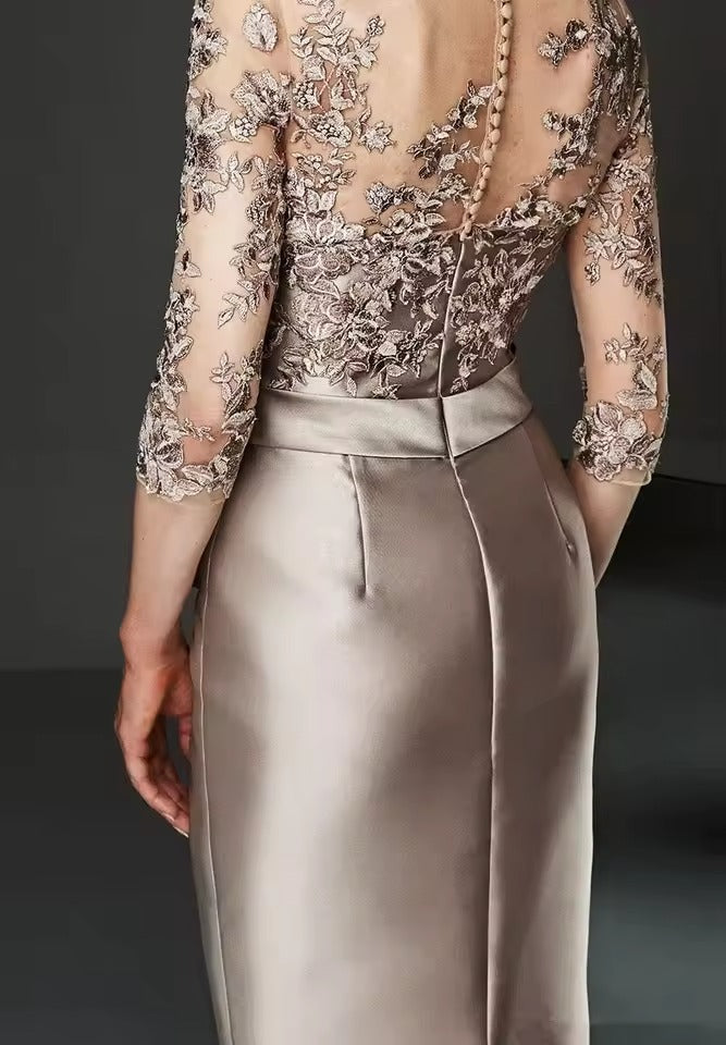 Lace Appliqué Satin Midi Dress | Half-Sleeve Formal Gown with Statement Bow