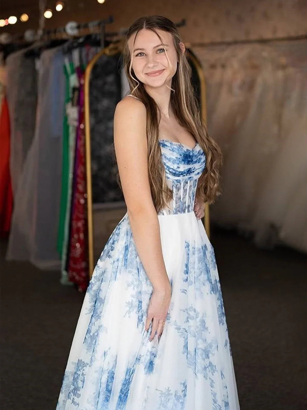 Inez | A-Line Strapless Blue Floral Print Long Prom Dresses