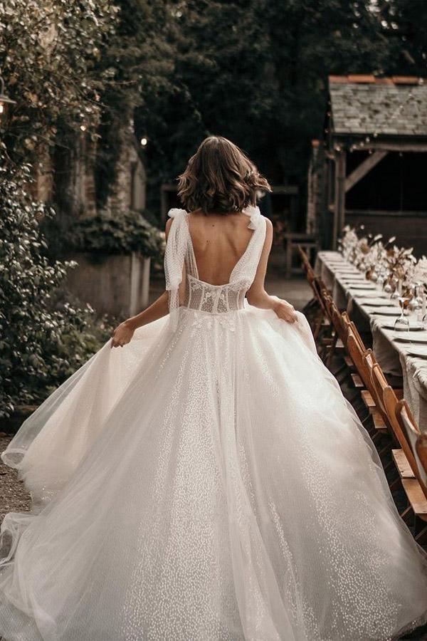 Ivory A-Line Sleeveless Sweep Train Wedding Dress With Sequins