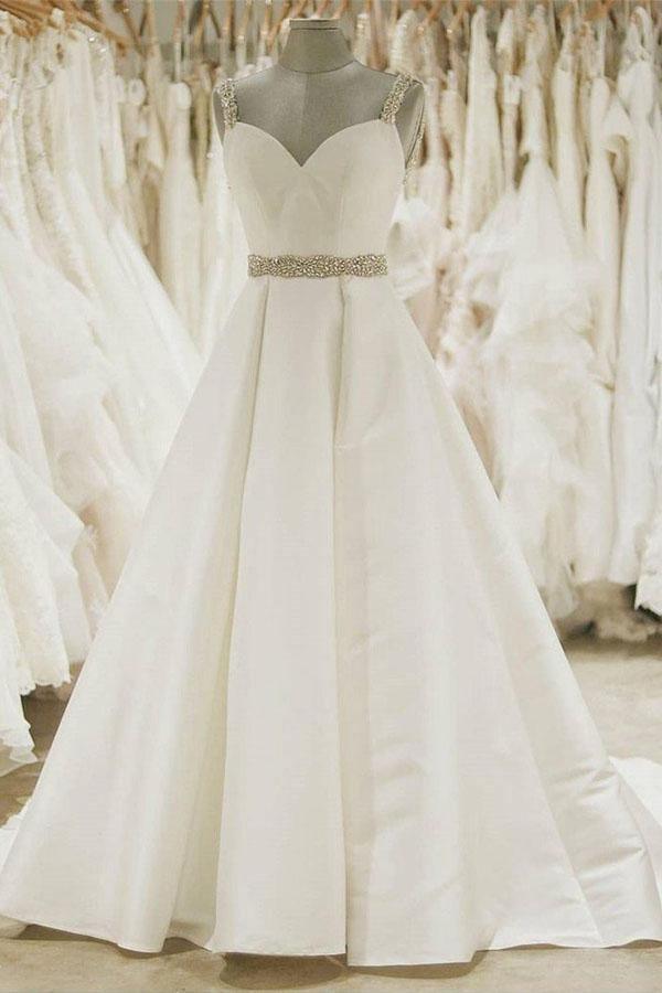 Ivory Ball Gown Wedding Dresses Spaghetti Strap Beaded Bridal Dress