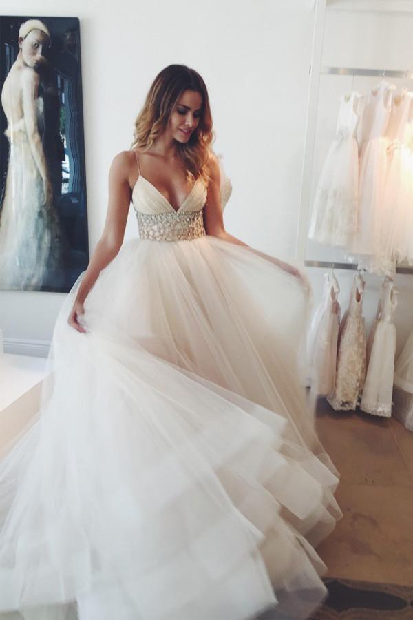Ivory Court Train Straps A-line/Princess Beading Wedding Dresses