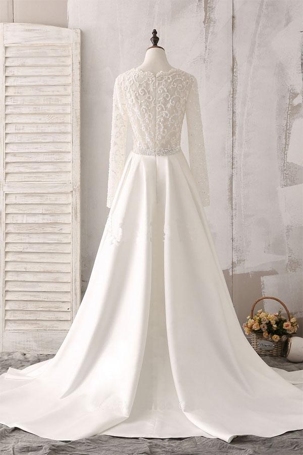 Ivory Lace and Satin V-neck Long Sleeve Beaded Wedding Dress