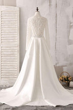 Ivory Lace and Satin V-neck Long Sleeve Beaded Wedding Dress