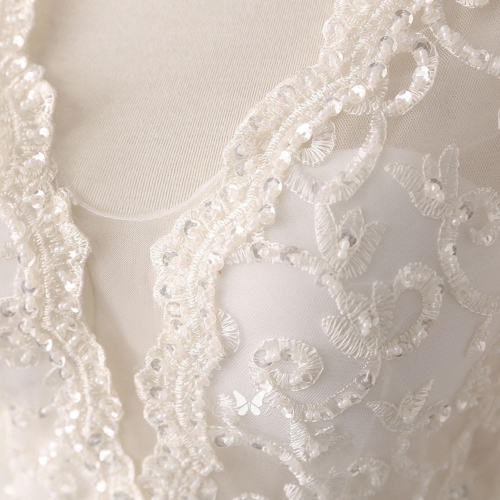 Ivory Lace and Satin V-neck Long Sleeve Beaded Wedding Dress