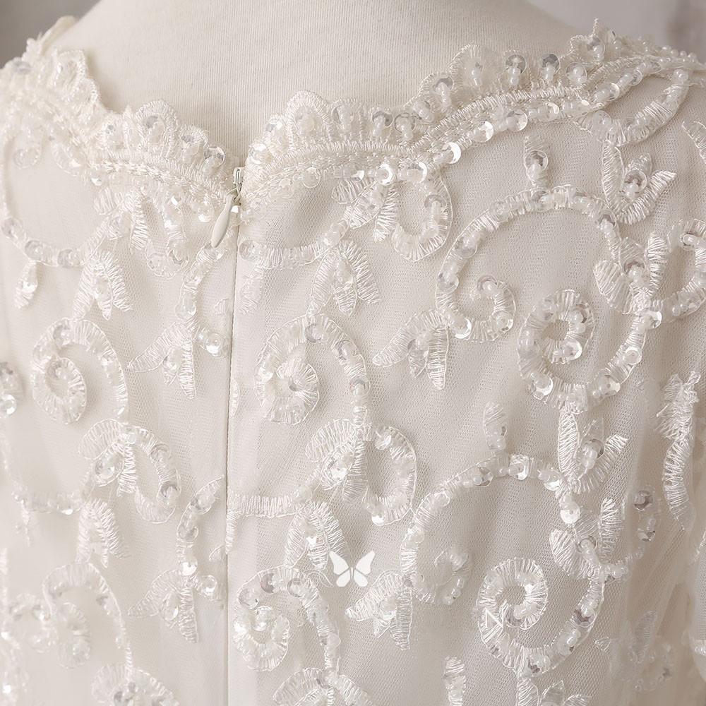 Ivory Lace and Satin V-neck Long Sleeve Beaded Wedding Dress