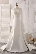 Ivory Lace and Satin V-neck Long Sleeve Beaded Wedding Dress