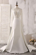 Ivory Lace and Satin V-neck Long Sleeve Beaded Wedding Dress